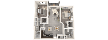 A 3D floor plan of a house showing a kitchen, living room, and bathroom.