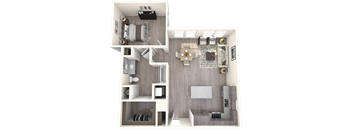 A top-down view of a modern apartment layout with a living room, kitchen, and bedrooms.