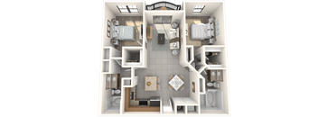 A 3D floor plan of a house showing the layout of the rooms.