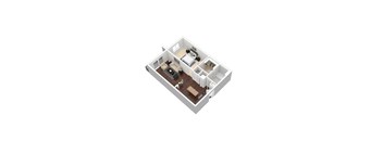A 3D floor plan of a small apartment with a kitchen, living room, and bedroom.