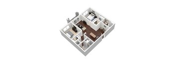 A 3D floor plan of a house with two bedrooms, a living room, a kitchen, and a bathroom.