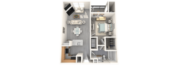 A 3D rendered image of a small apartment layout.