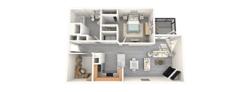 A 3D floor plan of a house showing a bedroom with a bed, a bathroom with a toilet, a sink, and a bathtub, a living room with a couch, a dining area with a table