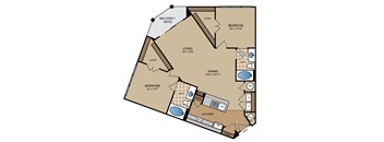 A floor plan of a home with a living area, two bedrooms, a dining area, a kitchen, a pantry, a bathroom, and a balcony.