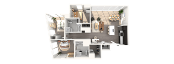 A 3D floor plan of a house showing a kitchen, living room, and bedrooms.