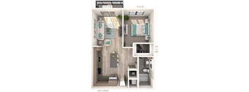 A 3D floor plan of a small apartment with a kitchen, living room, and bathroom.