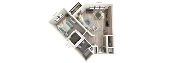 A 3D floor plan of a house with a kitchen, living room, and bathroom.