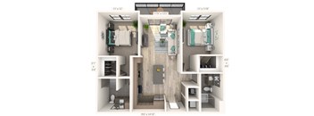 A 3D floor plan of a small apartment with a kitchen, living room, and bathroom.