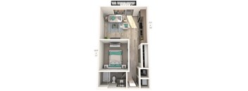 A diagram of a small apartment with a bedroom, bathroom, and kitchen.