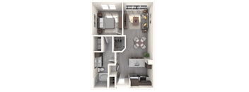A 3D floor plan of a small apartment with a kitchen, living room, and bathroom.