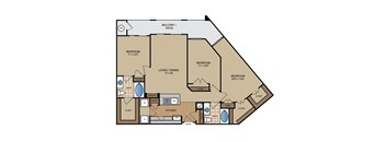 A floor plan of a house with three bedrooms, a living area, a kitchen, and a bathroom.