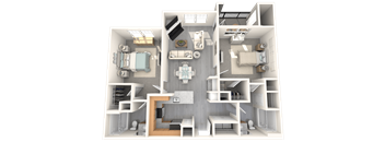A 3D floor plan of a house showing a kitchen, living room, and two bedrooms.