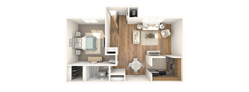 A 3D rendered image of a small apartment layout.