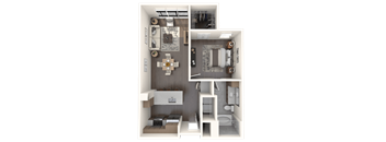 A 3D floor plan of a house showing a kitchen, living room, and two bedrooms.