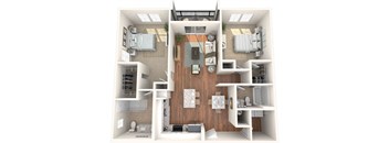 A 3D floor plan of a house showing a kitchen, living room, and two bedrooms.