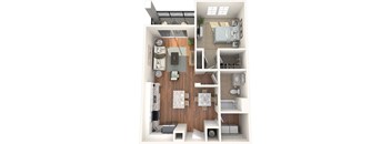 A top-down view of a modern apartment layout.