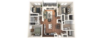 A 3D floor plan of a house with a kitchen, living room, and bedrooms.