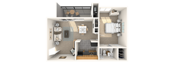 A 3D rendered image of a small, modern apartment layout.