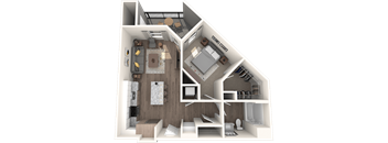 A 3D rendered image of a house layout.