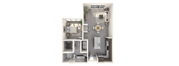 A 3D floor plan of a house with a living room, kitchen, and bathroom.