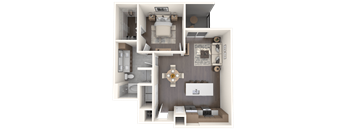 A 3D floor plan of a small apartment with a kitchen, living room, and bathroom.