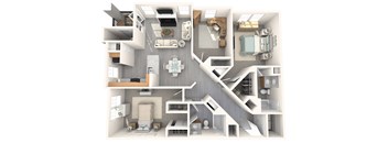 A 3D floor plan of a house showing the layout of the rooms.