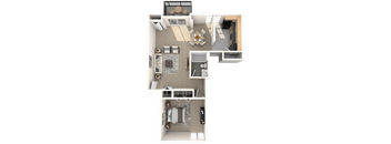 A floor plan of a house with a kitchen, living room, dining room, and two bedrooms.