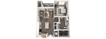 A 3D rendered image of a small apartment layout.