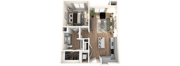 A 3D rendered image of a modern apartment layout.