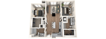 A 3D floor plan of a small apartment with a kitchen, living room, and two bedrooms.