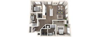 A 3D rendered image of a modern apartment layout.