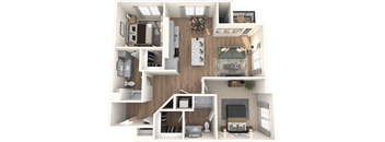 A 3D floor plan of a house with a living room, kitchen, and two bedrooms.