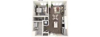 A 3D floor plan of a small apartment with a kitchen, living room, and bathroom.