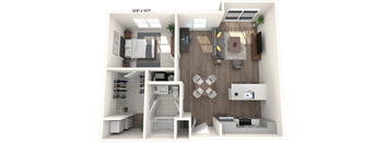 A 3D floor plan of a small apartment with a kitchen, living room, and bathroom.