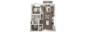 A 3D floor plan of a small apartment with a kitchen, living room, and bedroom.