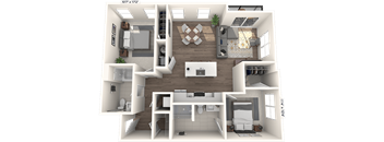 A 3D floor plan of a small apartment with a kitchen, living room, and bathroom.