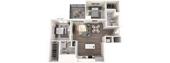 A 3D floor plan of a small apartment with a kitchen, living room, and bedroom.