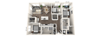 A 3D floor plan of a house with a living room, dining room, kitchen, and bathrooms.