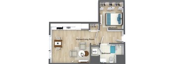 A floor plan of a small apartment with a bedroom, kitchen/living room, and bathroom.