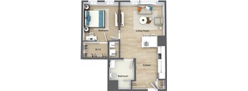 A floor plan of an apartment with a bedroom, living room, kitchen, and bathroom.