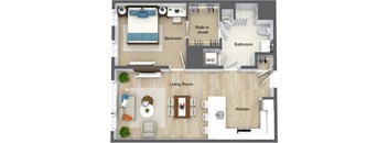 A floor plan of a house showing a bedroom, bathroom, living room, and kitchen.