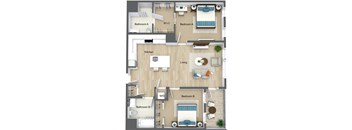 A floor plan of a small apartment with two bedrooms, a living room, a kitchen, and two bathrooms.