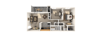 A 3D rendered image of a small apartment layout.