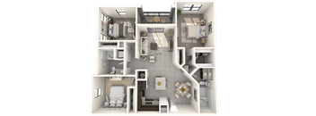 A 3D floor plan of a small apartment with a kitchen, living room, and bathroom.