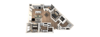 A 3D floor plan of a house with various rooms and furniture.