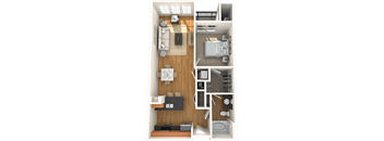 A 3D rendered image of a small apartment layout.