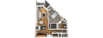 A 3D floor plan of a house with a kitchen, living room, and bedrooms.