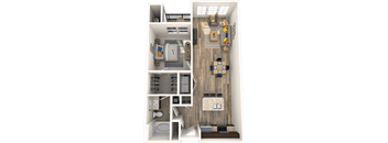 A 3D rendered image of a small apartment layout.