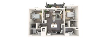 A 3D floor plan of a small apartment with a kitchen, living room, and bedroom.