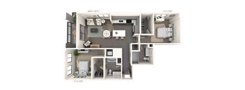 A 3D floor plan of a small apartment with a kitchen, living room, and bathroom.